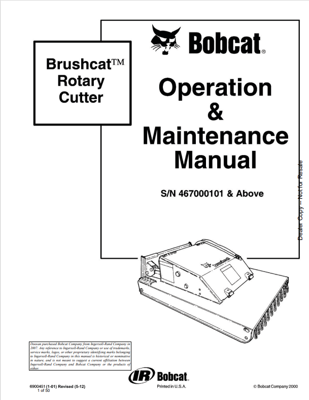 BOBCAT BRUSHCAT ROTARY CUTTER OPERATION AND MAINTENANCE MANUAL 6900451 PDF