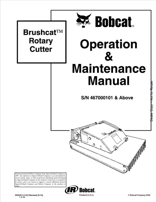 BOBCAT BRUSHCAT ROTARY CUTTER OPERATION AND MAINTENANCE MANUAL 6900451 PDF