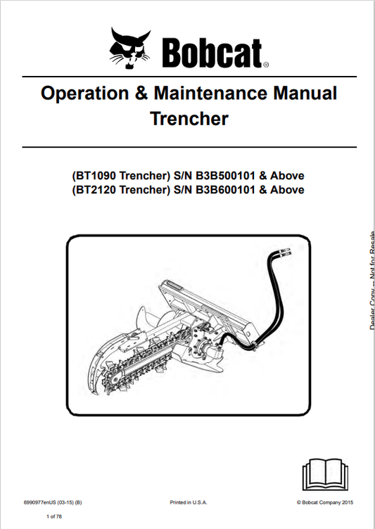 BOBCAT BT1090, BT2120 TRENCHER OPERATION AND MAINTENANCE MANUAL 6990977 PDF