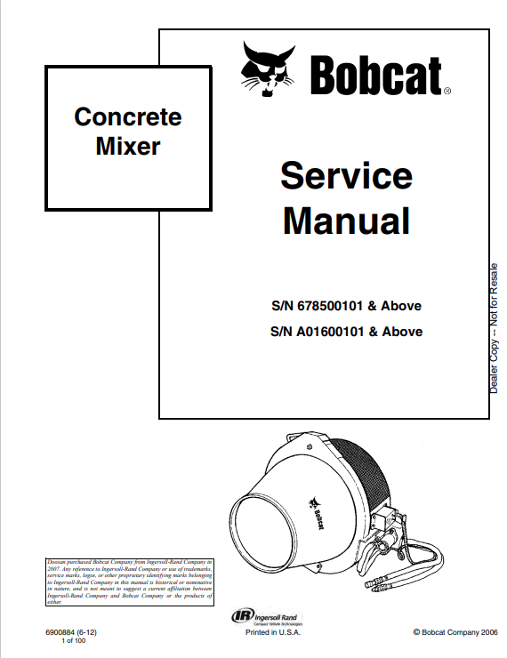 BOBCAT CONCRETE MIXER SERVICE MANUAL 6900884 PDF
