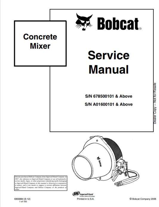 BOBCAT CONCRETE MIXER SERVICE MANUAL 6900884 PDF