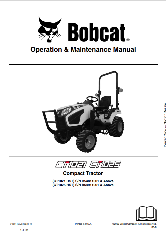 BOBCAT CT1021, CT1025 COMPACT TRACTOR OPERATION AND MAINTENANCE MANUAL 7408014 PDF