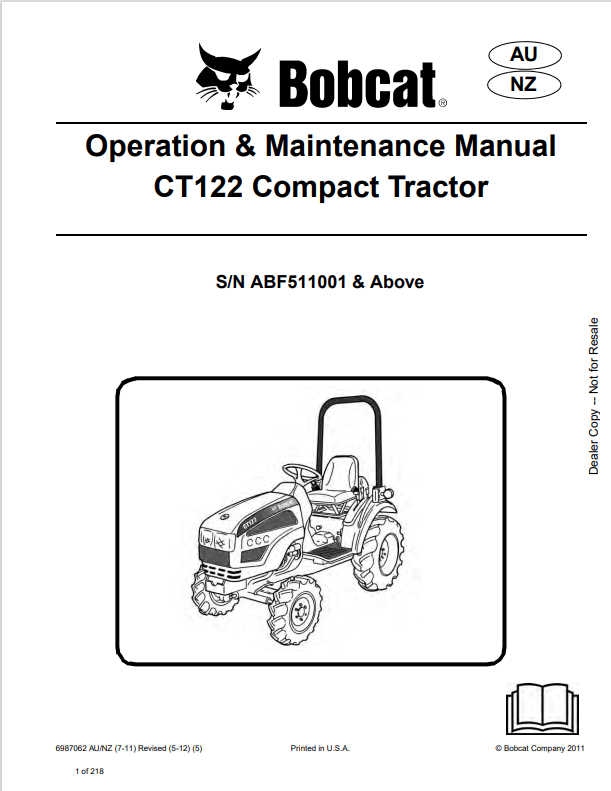BOBCAT CT122 COMPACT TRACTOR OPERATION AND MAINTENANCE MANUAL 6987062 PDF