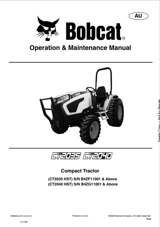 BOBCAT CT2035, CT2040 COMPACT TRACTOR OPERATION AND MAINTENANCE MANUAL 7398895 PDF