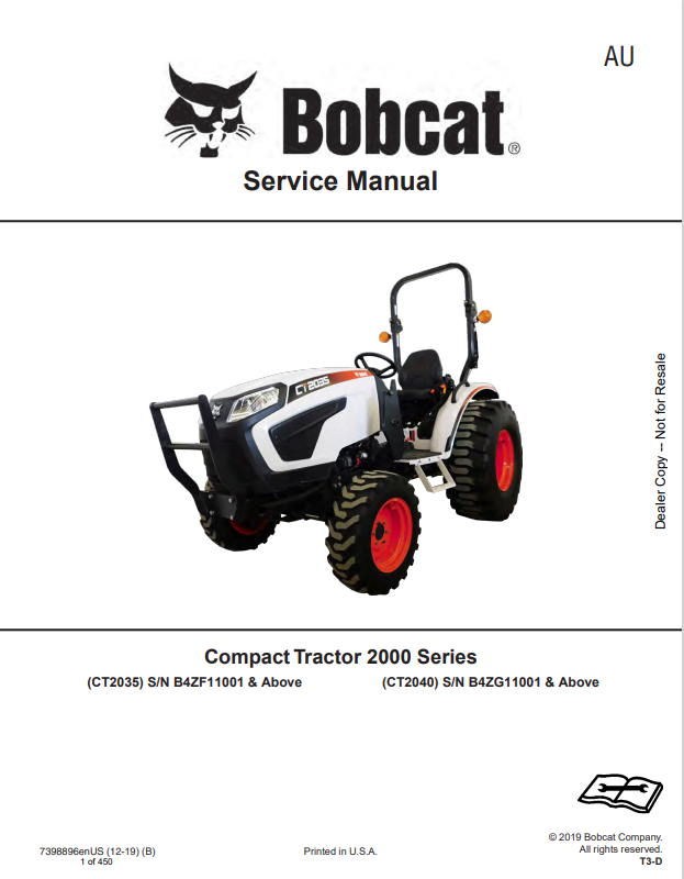 BOBCAT CT2035, CT2040 COMPACT TRACTOR SERVICE MANUAL 7398896 PDF