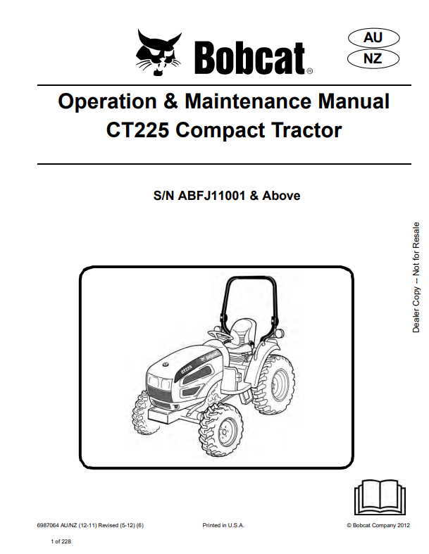 BOBCAT CT225 COMPACT TRACTOR OPERATION AND MAINTENANCE MANUAL 6987064 PDF