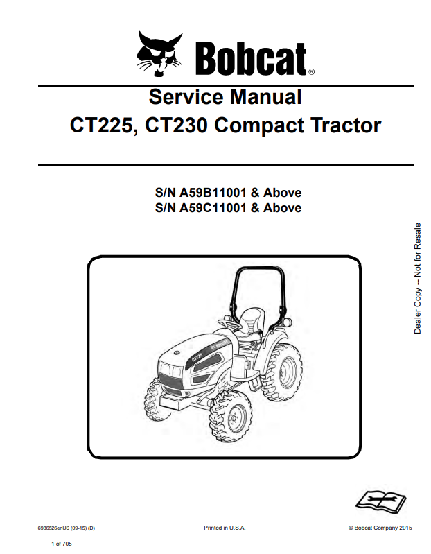 BOBCAT CT225, CT230 COMPACT TRACTOR SERVICE MANUAL 6986526 PDF