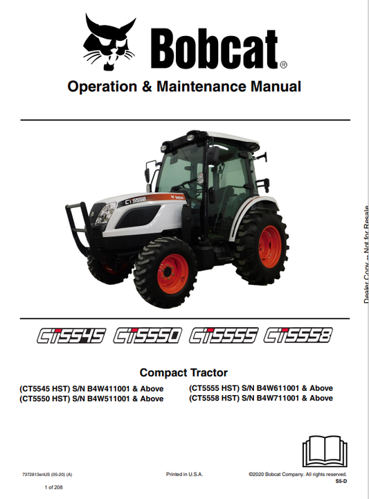BOBCAT CT5545, CT5550, CT5555, CT5558 COMPACT TRACTOR OPERATION AND MAINTENANCE MANUAL 7372813 PDF
