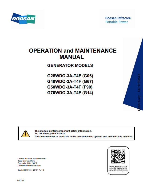 BOBCAT DOOSAN G25WDO-3A-T4F (G06), G40WDO-3A-T4F (G67), G50WDO-3A-T4F (F90), G70WDO-3A-T4F (G14) GENERATOR OPERATION AND MAINTENANCE MANUAL 46679755 PDF