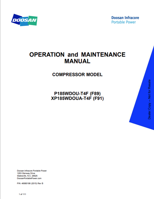 BOBCAT DOOSAN P185WDOU-T4F (F89), XP185WDOUA-T4F (F91) OPERATION AND MAINTENANCE MANUAL 46680186 PDF