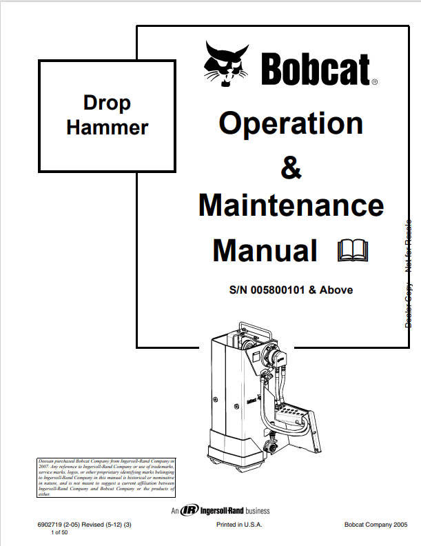 BOBCAT DROP HAMMER OPERATION AND MAINTENANCE MANUAL 6902719 PDF