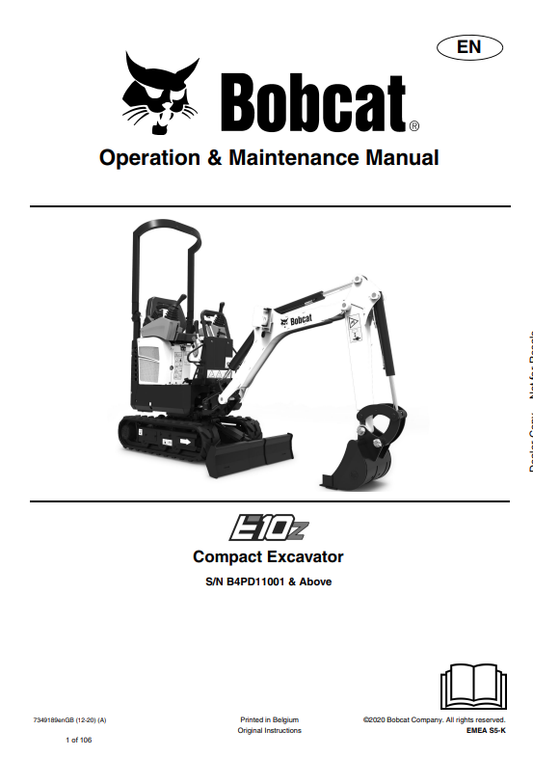 BOBCAT E10z COMPACT EXCAVATOR OPERATION AND MAINTENANCE MANUAL 7349189 PDF