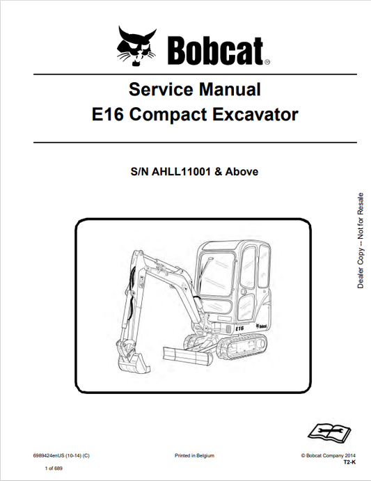 BOBCAT E16 COMPACT EXCAVATOR SERVICE MANUAL 6989424 PDF