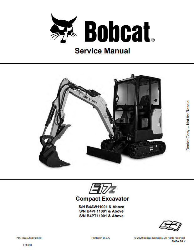 BOBCAT E17z COMPACT EXCAVATOR SERVICE MANUAL 7314142 PDF