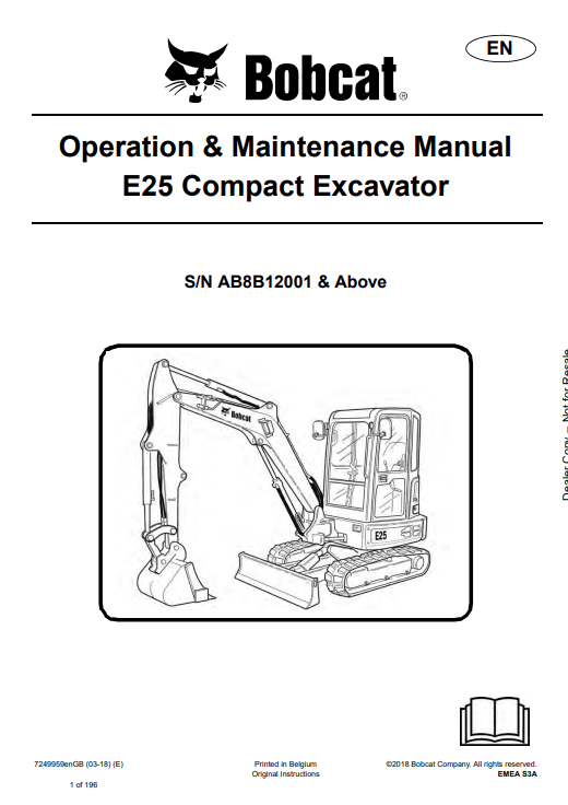 BOBCAT E25 COMPACT EXCAVATOR OPERATION AND MAINTENANCE MANUAL 7249959 PDF