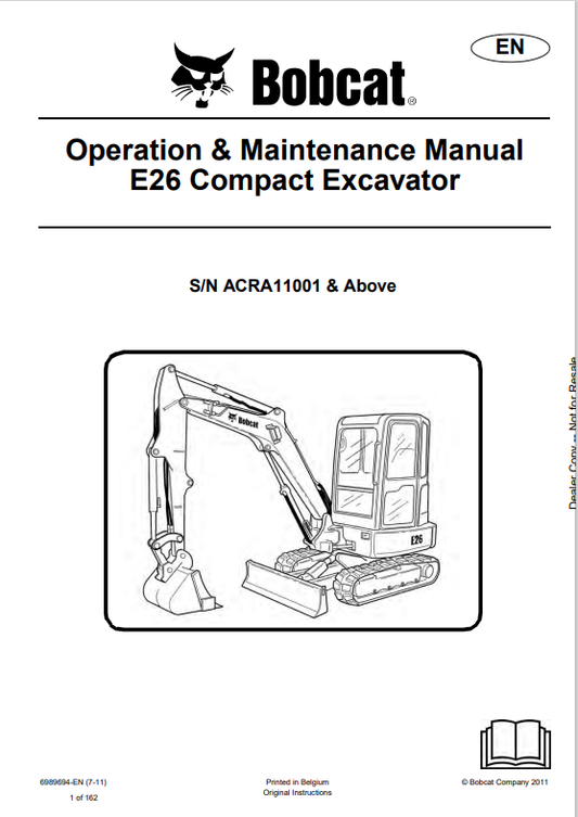 BOBCAT E26 COMPACT EXCAVATOR OPERATION AND MAINTENANCE MANUAL 6989694 PDF