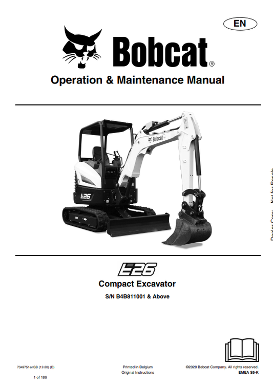 BOBCAT E26 COMPACT EXCAVATOR OPERATION AND MAINTENANCE MANUAL 7349751 PDF