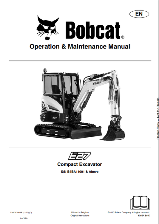 BOBCAT E27 COMPACT EXCAVATOR OPERATION AND MAINTENANCE MANUAL 7349757 PDF