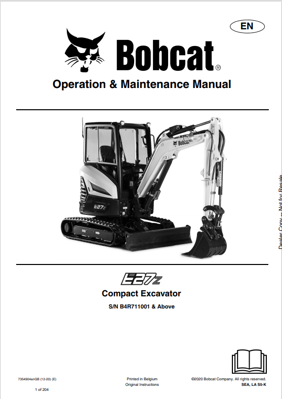 BOBCAT E27z COMPACT EXCAVATOR OPERATION AND MAINTENANCE MANUAL 7354904 PDF