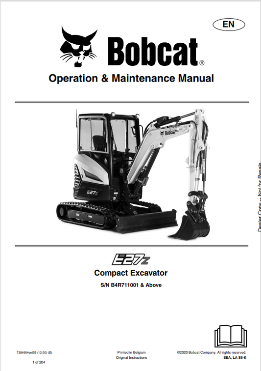 BOBCAT E27z COMPACT EXCAVATOR OPERATION AND MAINTENANCE MANUAL 7354904 PDF