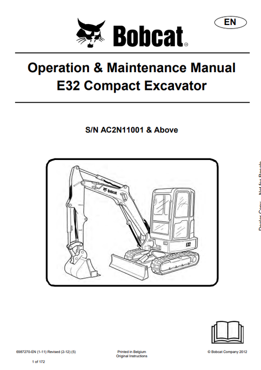 BOBCAT E32 COMPACT EXCAVATOR OPERATION AND MAINTENANCE MANUAL 6987270 PDF