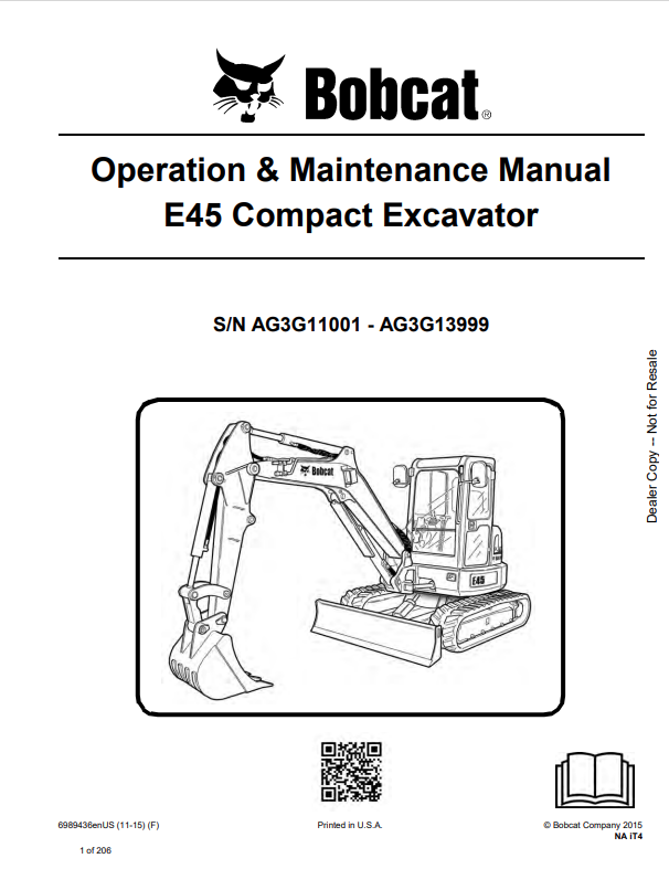 BOBCAT E45 COMPACT EXCAVATOR OPERATION AND MAINTENANCE MANUAL 6989436 PDF