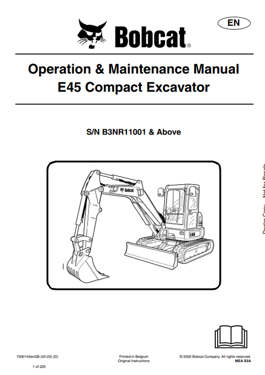 BOBCAT E45 COMPACT EXCAVATOR OPERATION AND MAINTENANCE MANUAL 7300145 PDF