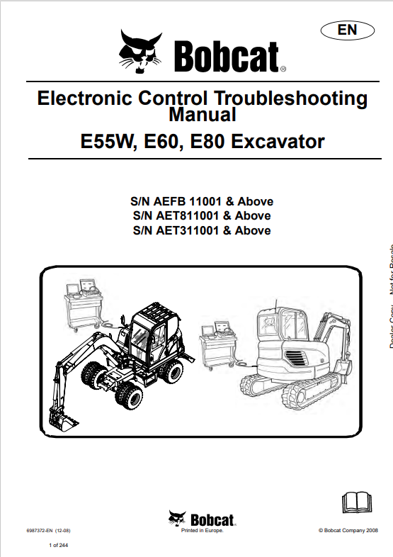 BOBCAT E55W, E60, E80 EXCAVATOR ELECTRONIC CONTROL TROUBLESHOOTING MANUAL 6987372 PDF