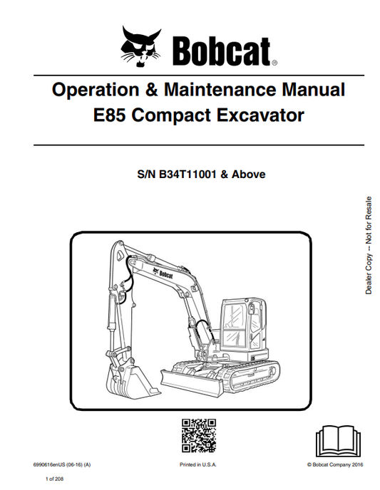 BOBCAT E85 COMPACT EXCAVATOR OPERATION AND MAINTENANCE MANUAL 6990616 PDF