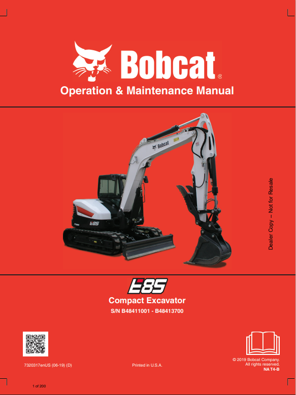 BOBCAT E85 COMPACT EXCAVATOR OPERATION AND MAINTENANCE MANUAL 7320317 PDF