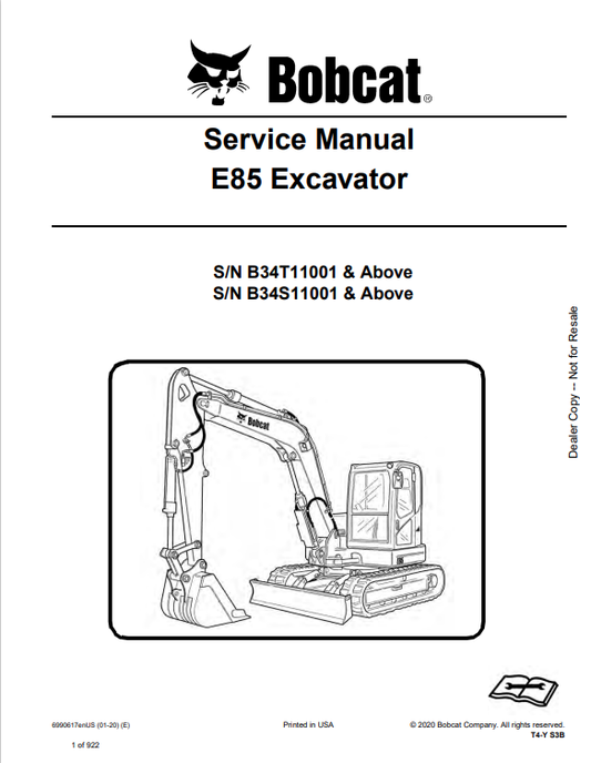 BOBCAT E85 EXCAVATOR SERVICE MANUAL 6990617 PDF