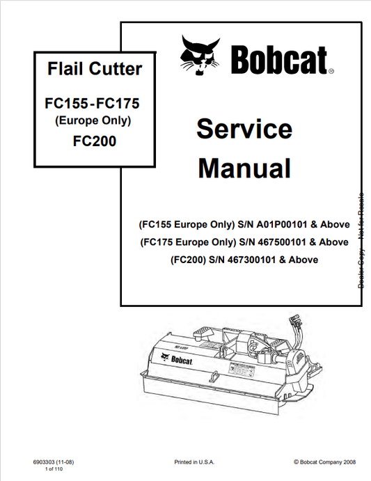 BOBCAT FC155, FC175, FC200 FLAIL CUTTER SERVICE MANUAL 6903303 PDF