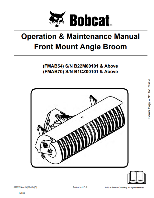 BOBCAT FMAB54, FMAB70 FRONT MOUNT ANGLE BROOM OPERATION AND MAINTENANCE MANUAL 6990575 PDF