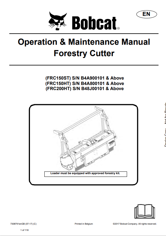 BOBCAT FRC150ST, FRC150HT, FRC200HT FORESTRY CUTTER OPERATION AND MAINTENANCE MANUAL 7308791 PDF