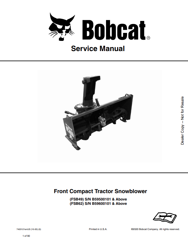 BOBCAT FSB49, FSB62 FRONT COMPACT TRACTOR SNOWBLOWER SERVICE MANUAL 7420121 PDF