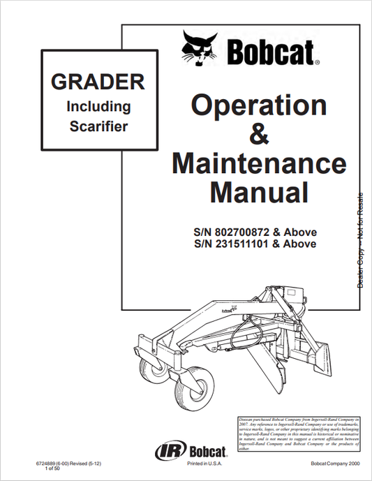 BOBCAT GRADER INCLUDING SCARIFIER OPERATION AND MAINTENANCE MANUAL 6724889 PDF
