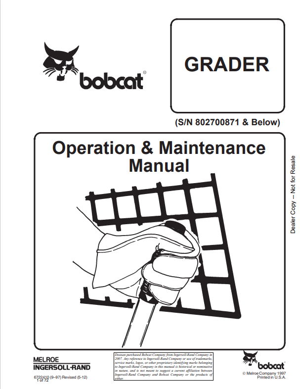 BOBCAT GRADER OPERATION AND MAINTENANCE MANUAL 6722410 PDF