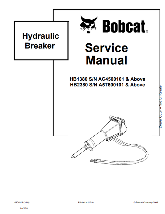 BOBCAT HB1380, HB2380 HYDRAULIC BREAKER SERVICE MANUAL 6904929 PDF