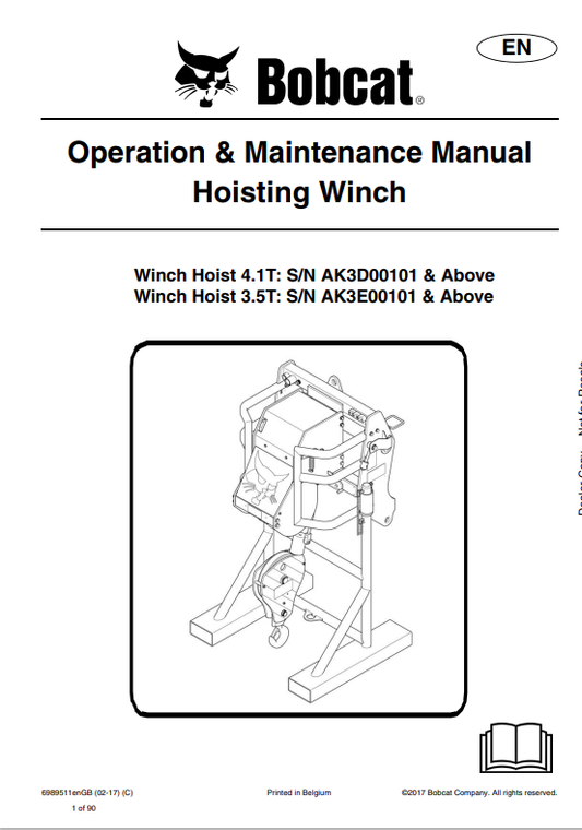 BOBCAT HOISTING WINCH OPERATION AND MAINTENANCE MANUAL 6989511 PDF
