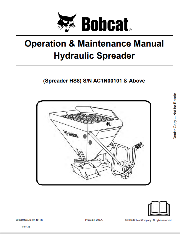 BOBCAT HS8 HYDRAULIC SPREADER OPERATION AND MAINTENANCE MANUAL 6986894 PDF