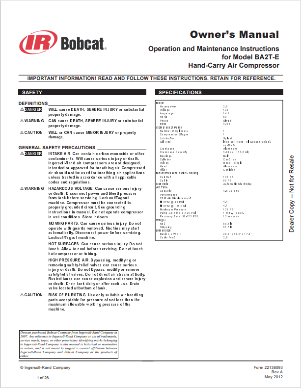 BOBCAT INGERSOLL RAND BA2T-E HAND-CARRY AIR COMPRESSOR OWNER MANUAL 22138093 PDF
