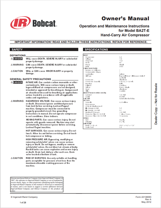 BOBCAT INGERSOLL RAND BA2T-E HAND-CARRY AIR COMPRESSOR OWNER MANUAL 22138093 PDF
