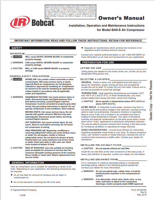 BOBCAT INGERSOLL RAND BA9-S AIR COMPRESSOR OWNER MANUAL &nbsp;22138184 PDF