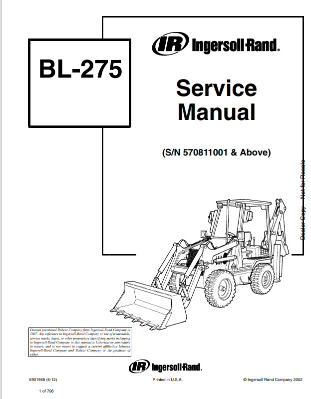 BOBCAT INGERSOLL RAND BL-275 BACKHOE LOADER SERVICE MANUAL 6901968 PDF