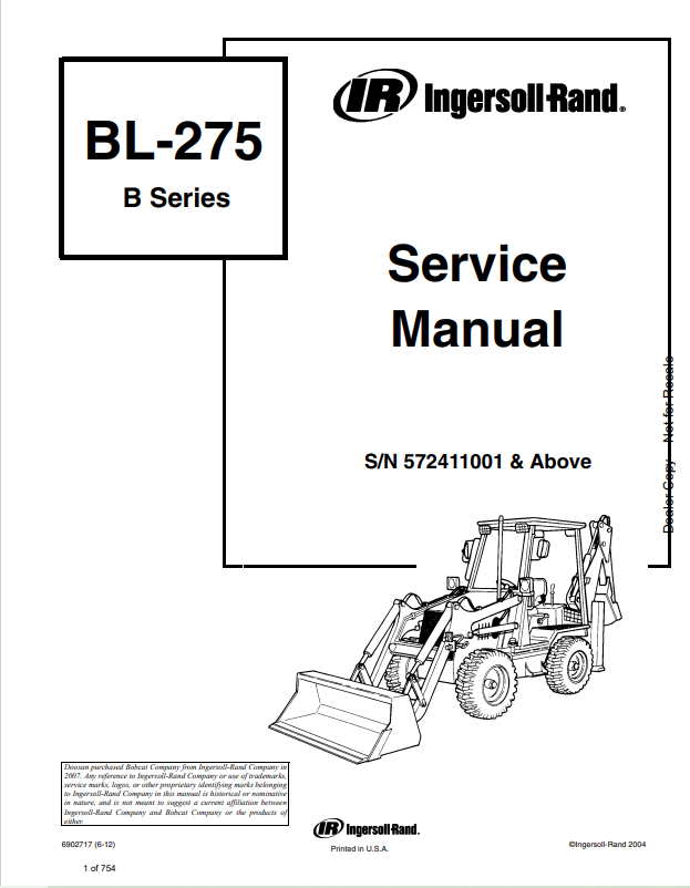BOBCAT INGERSOLL RAND BL-275 B SERIES BACKHOE LOADER SERVICE MANUAL 6902717 PDF