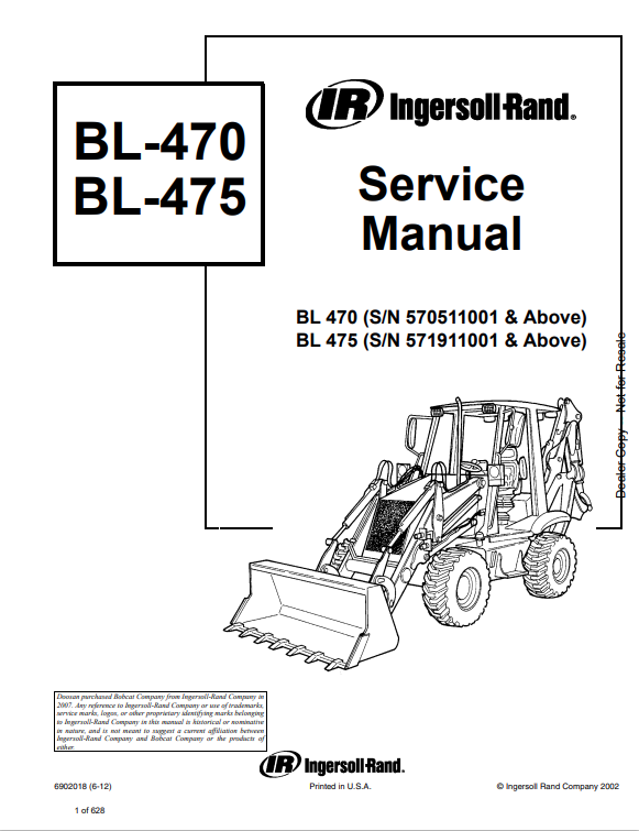 BOBCAT INGERSOLL RAND BL-470, BL-475 BACKHOE LOADER SERVICE MANUAL 6902018 PDF