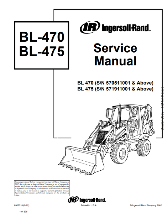 BOBCAT INGERSOLL RAND BL-470, BL-475 BACKHOE LOADER SERVICE MANUAL 6902018 PDF
