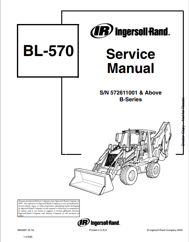 BOBCAT INGERSOLL RAND BL-570 BACKHOE LOADER SERVICE MANUAL 6903097 PDF