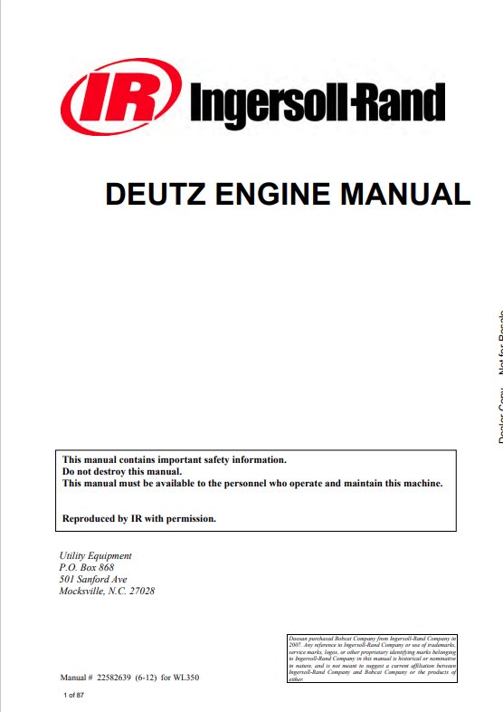 BOBCAT INGERSOLL RAND WL350 WHEEL LOADER DEUTZ ENGINE OPERATION MANUAL 22582639 PDF