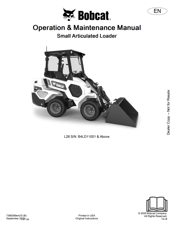 BOBCAT L28 SMALL ARTICULATED LOADER OPERATION AND MAINTENANCE MANUAL 7389399 PDF